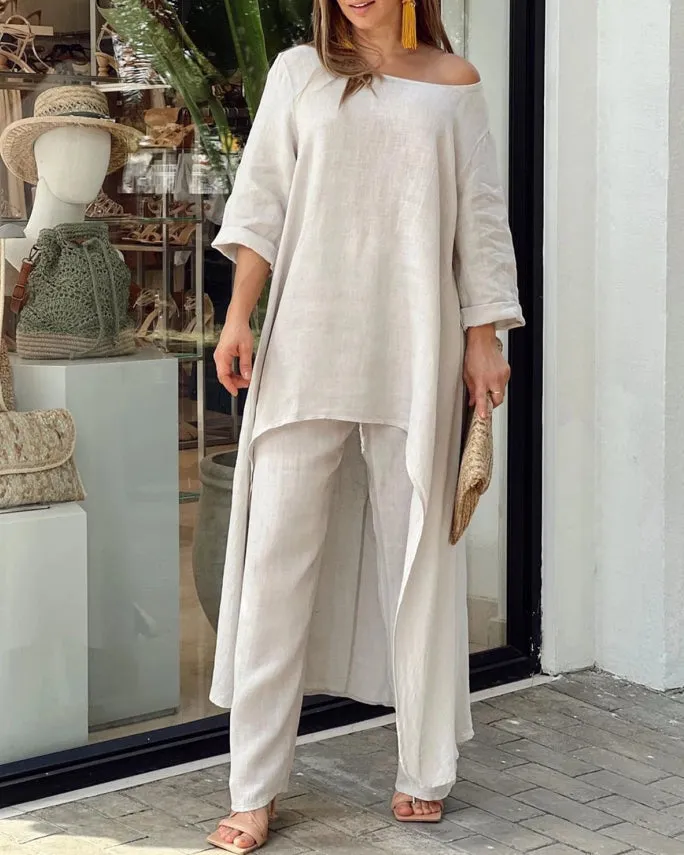 BelleRue - Tenue deux pièces en coton et lin pour femmes, couleur unie, coupe ample, décontractée, pour l'automne
