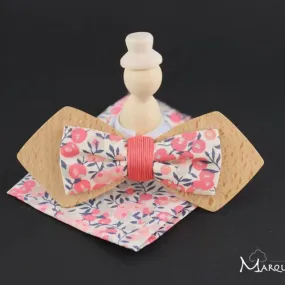 Noeud papillon bois et tissu liberty corail pour chemise à col cassé